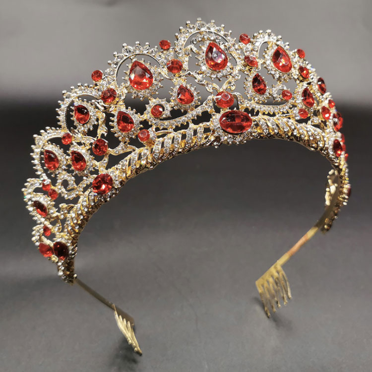 Retro Baroque Red Crystal Tiara Crowns Diadem For Girl Queen Women Bride Bridal Wedding Hair Jewelry Headpieces