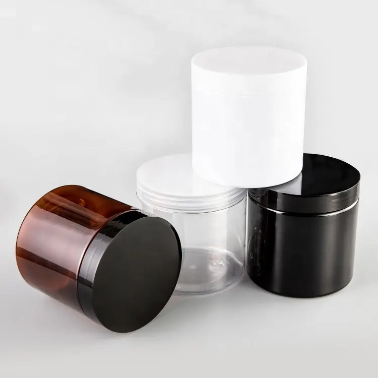 Wholesale cosmetic food packaging 100ml 150ml 200ml 250ml 300ml amber black pet plastic cosmetic cream jar with white black lid