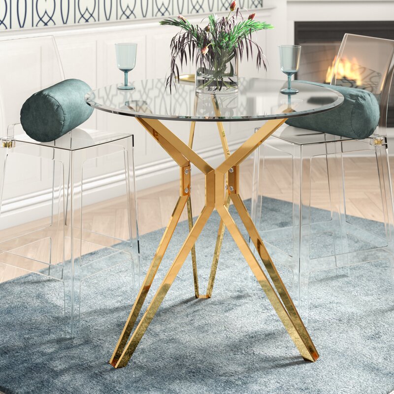 Modern Design 4 Seat Round Tempered Glass Top Dining Table with Metal Leg