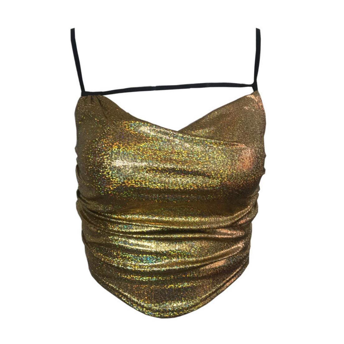 2021 ins Sexy halter top with gold bronzing crop Blouse Women camisole amazon sexy nightclub top