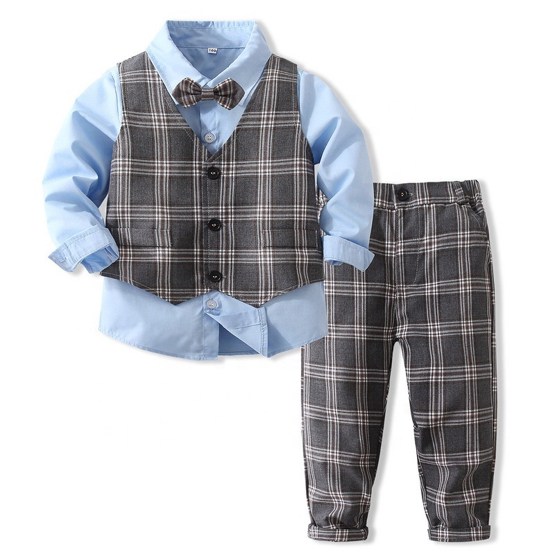 Spring Autumn Gentleman Kids Clothes Long Sleeve Solid Color Shirt Plaid Vest Trousers 3Pcs Children Clothing Boys Suits
