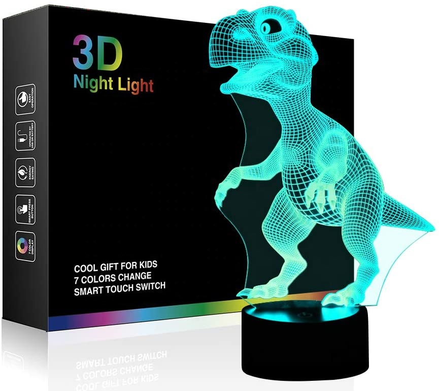 3D Children Kids Night Lamp, Dinosaur Toys for Boys, 7 LED Colors Changing Lighting, Touch USB Charge Cool Gifts Ideas
