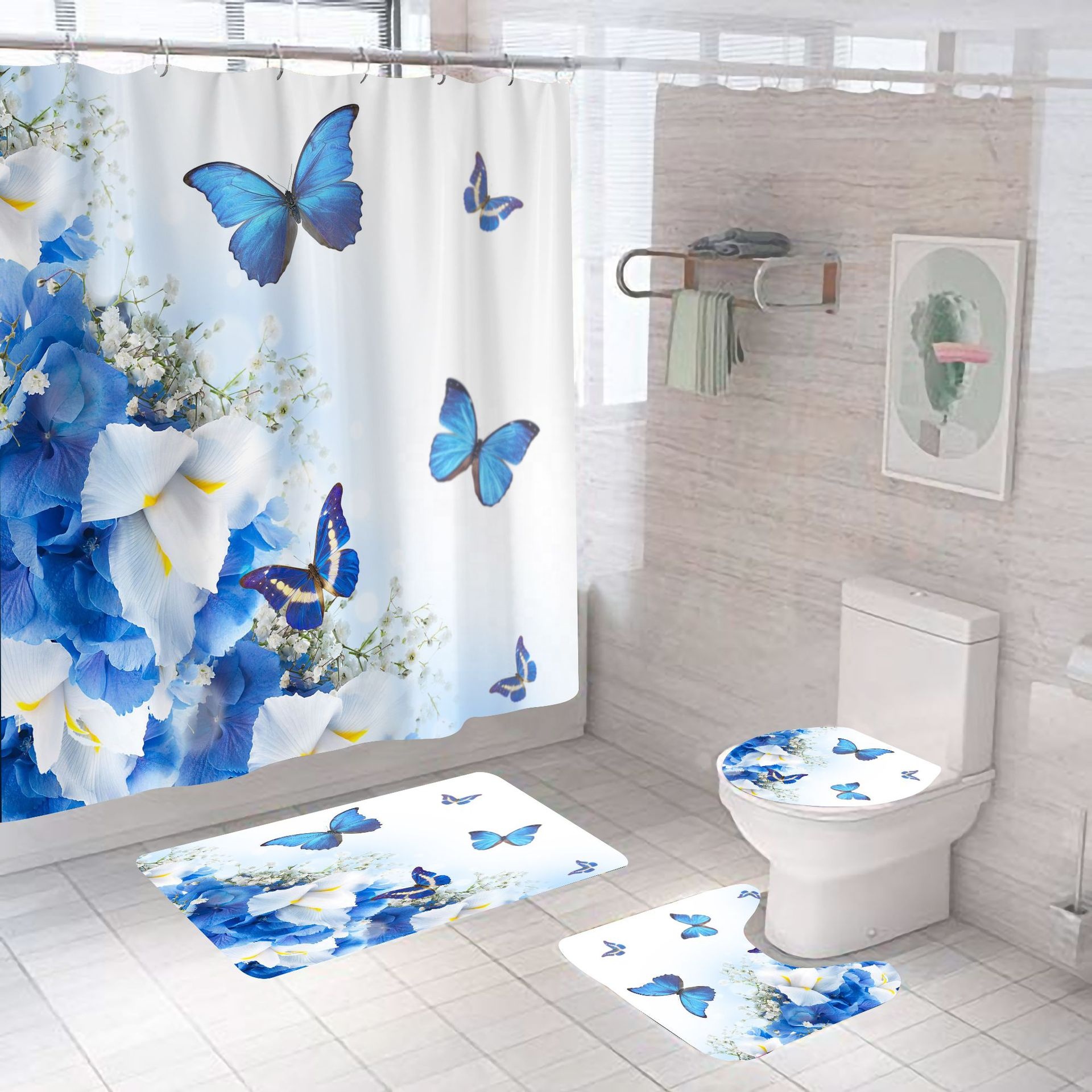 Non-Slip Washroom Decor Shower Accessories Blue butterfly Shower Curtain Rugs and Toilet Lid Cover