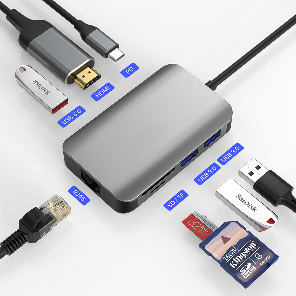 USB-концентратор типа c 8 в 1, многофункциональный адаптер для MacBook Pro, Ipad Pro, type C, ноутбуков