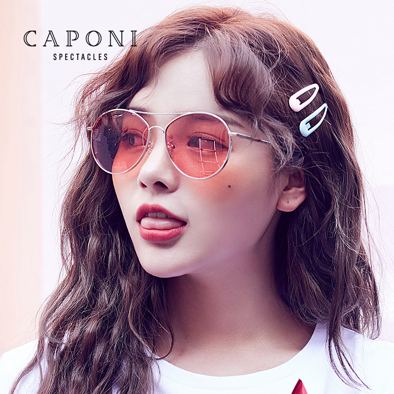 Очки солнцезащитные CAPONI женские поляризационные UV400, модные, с двойной перемычкой, в серебристой круглой металлической оправе, с ночным видением