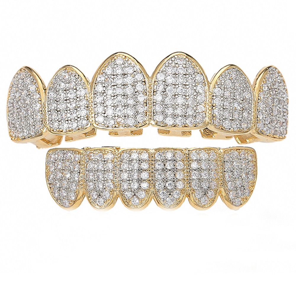 Hip Hop Iced Out Teeth Grillz 18K Gold Platinum Plated Grillz Fangs Rapper Body Jewelry Gift Halloween decoration Jewelry