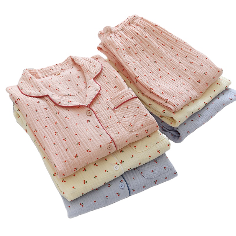 2021 Loungewear Long Sleeve Yarn Dyed Pj Printed Button Up Cotton Gauze Fabric Wholesale Cotton Pajamas