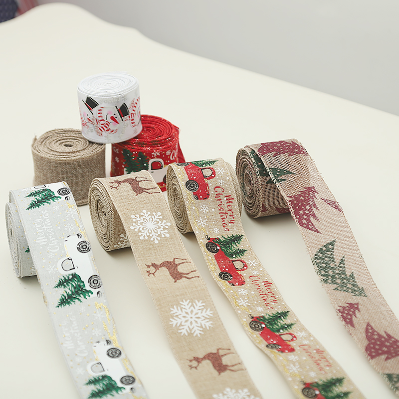 CR-B198B DIY 5Cm Wired Edge Imitation Linen Package Wrapping Gift Decoration Christmas Ribbon