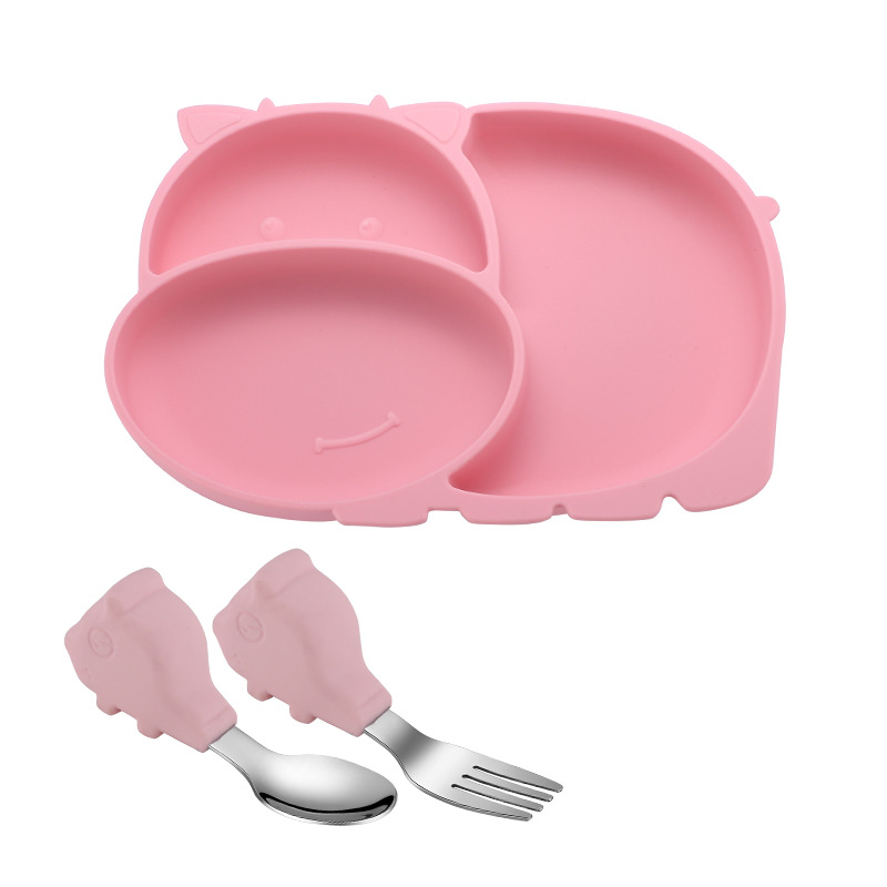 BPA Free Hippo Shape Baby Dinner Feeding Plate 100% Silicone Divided Suction Plates with Spoon and Fork Set For Toddler