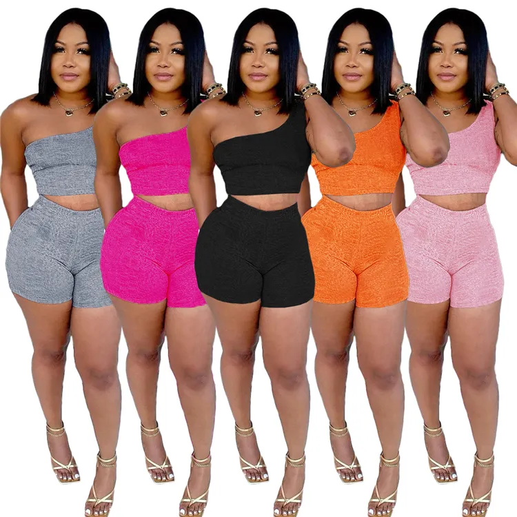 Boutique Sexy Ladies Solid Color Two Piece Set One Shoulder Summer Breathable Women Clothing 2 Piece Outfits