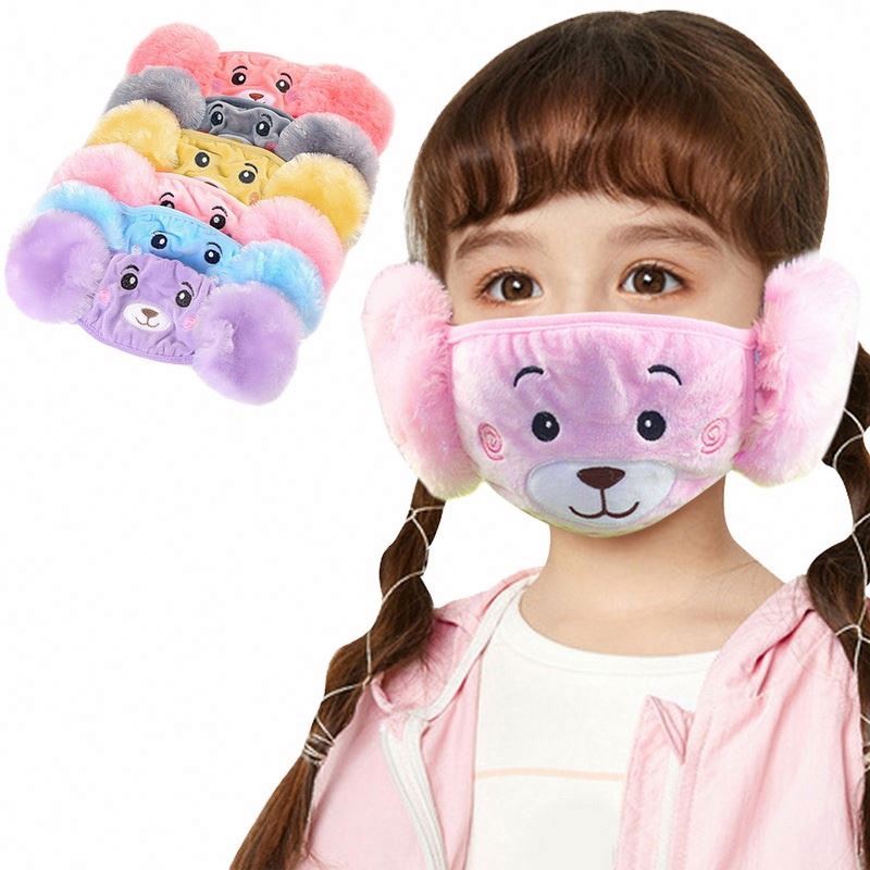 2020 Children's Warm 2 in 1 Ear Muffs Cartoon Bear Plush Face Masks