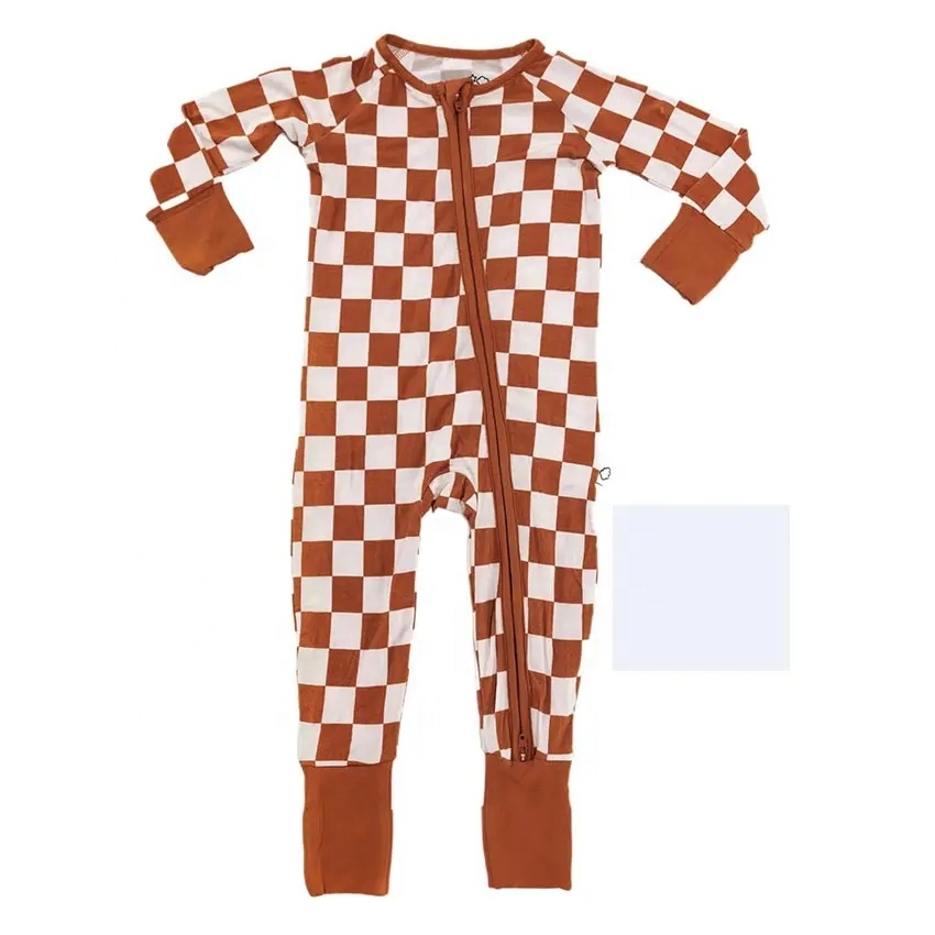 Custom Checker Bamboo Zip Baby Pajamas Toddler Neutral Boys Girls Footie Romper Pajamas