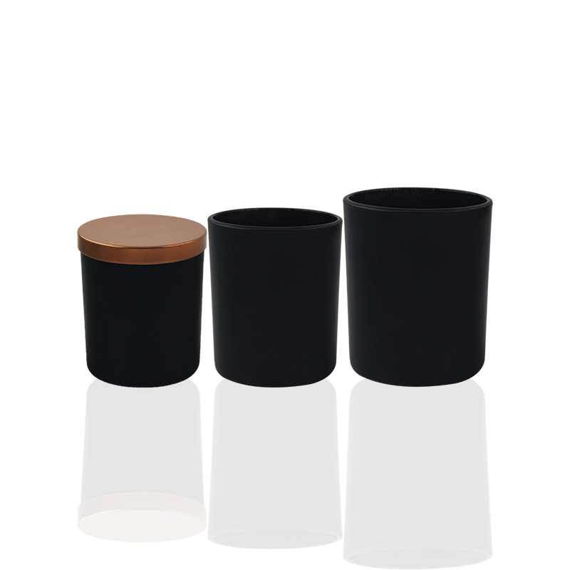 Wide Mouth Frosted Matte Black Empty Candle Container Glass Jar With Metal Bamboo Wood Lid