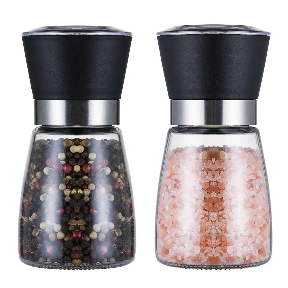 Amazon 160ml glass spice bottle jar commercial matte plastic manual mill pink salt black pepper grinder set