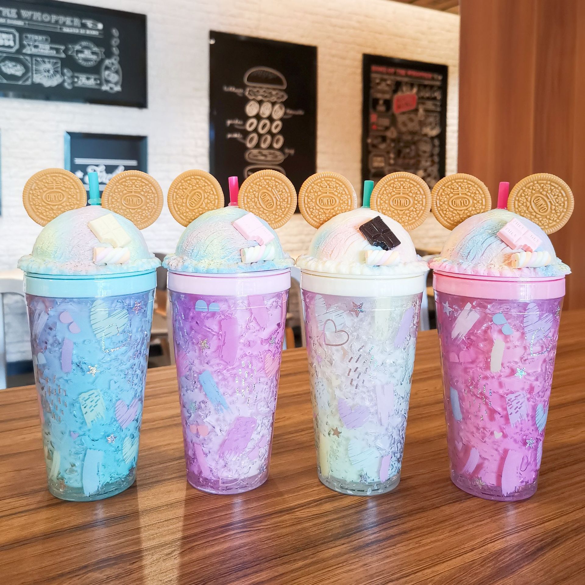 Wholesale products custom clear reusable drinking double wall glitter plastic cat ear drinking cup with straw lids and Dome Lid