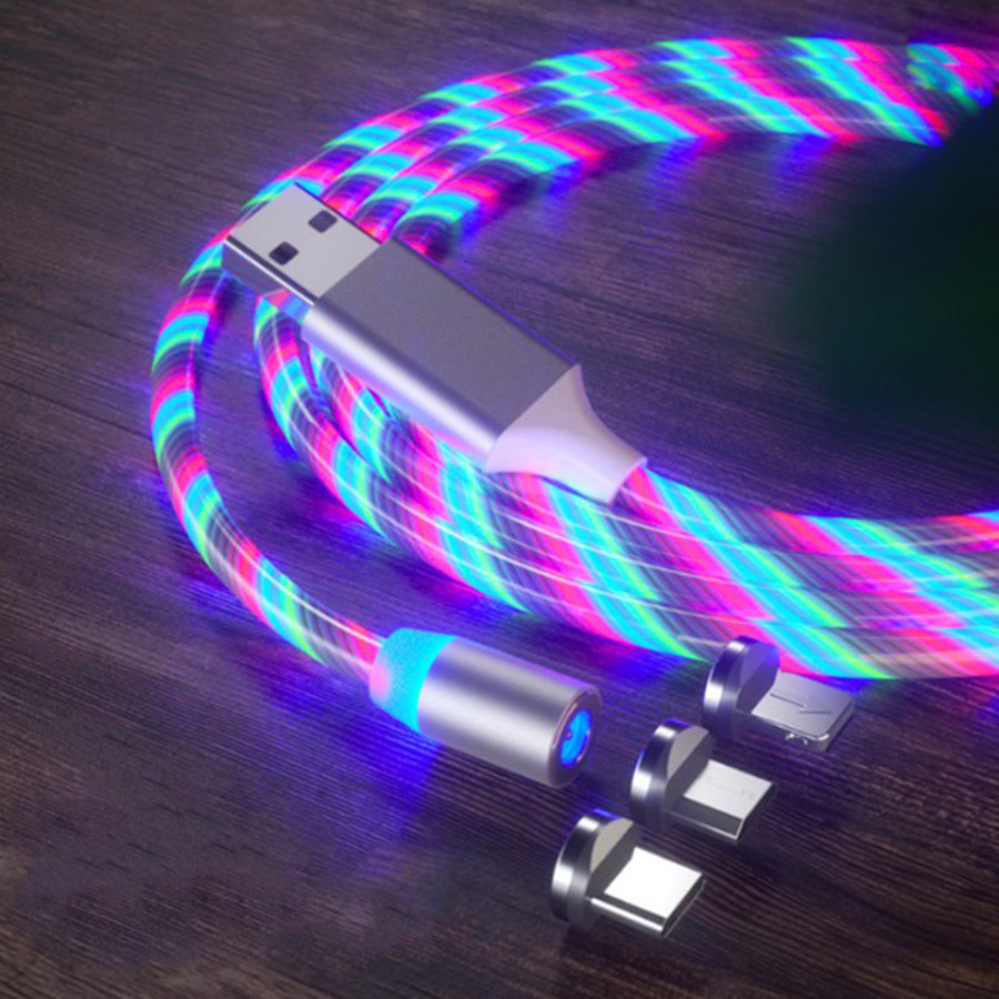 Glowing Magnetic Light up USB to Micro 3in1 Led Cable Charger Cabl Data 2m with Type C Magnet Cargador Magnetico De Carga
