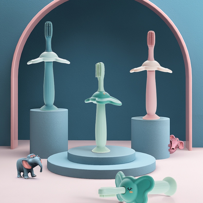 KUB animal shape kids toothbrush cute baby elephant replaceable head soft silicone bristle children toothbrushes
