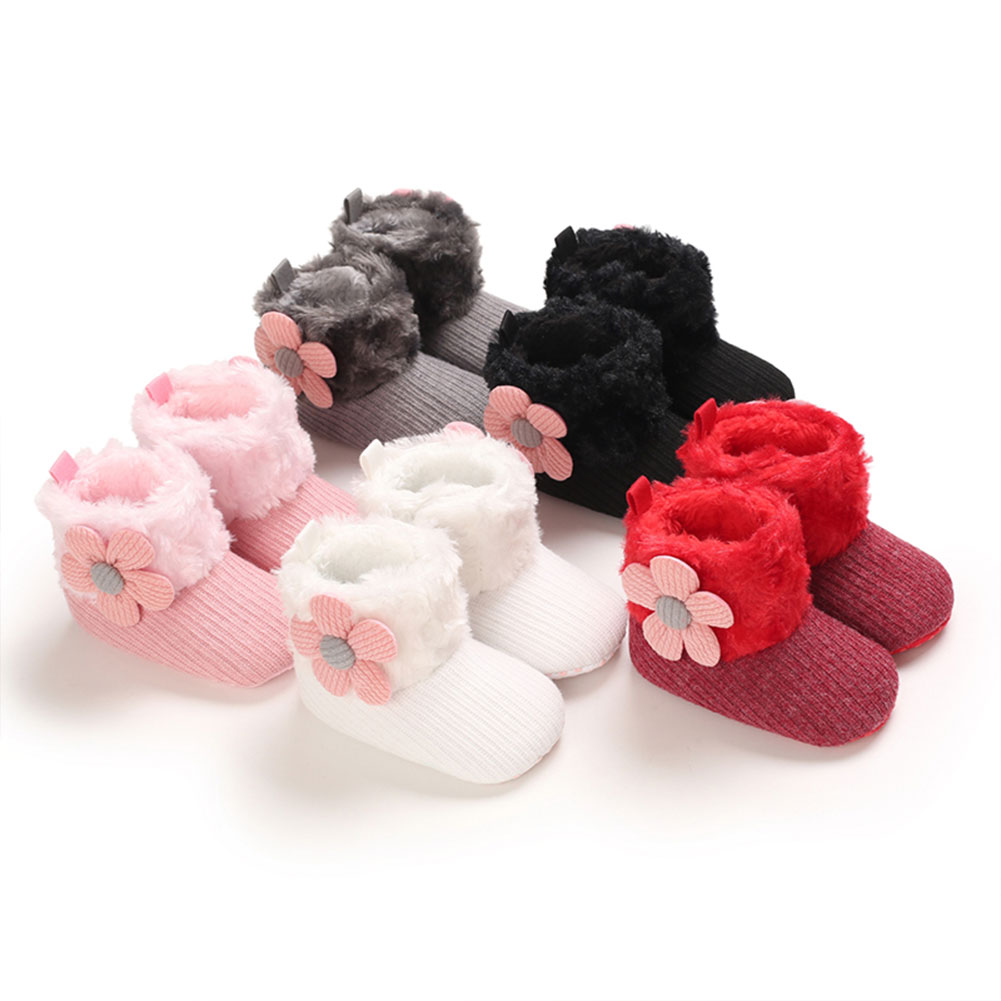 0-18m Baby Girls Snow Boots Soft Faux Fur Knit Flower Booties Anti-Slip Infant Prewalkers
