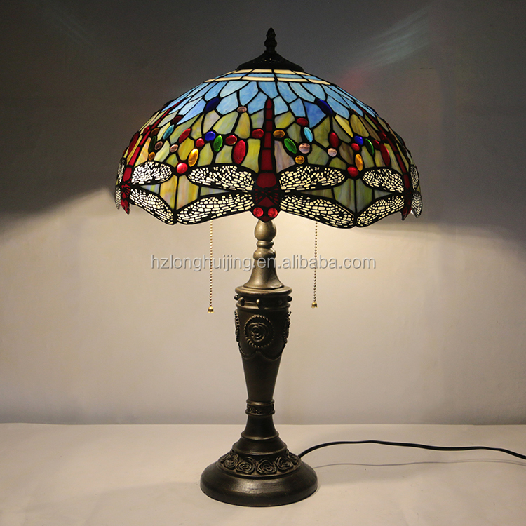 LongHuiJing 16Inch Wide Flowers Stained Glass Handcrafted Table Desk Lamp Resin material stand base lamps