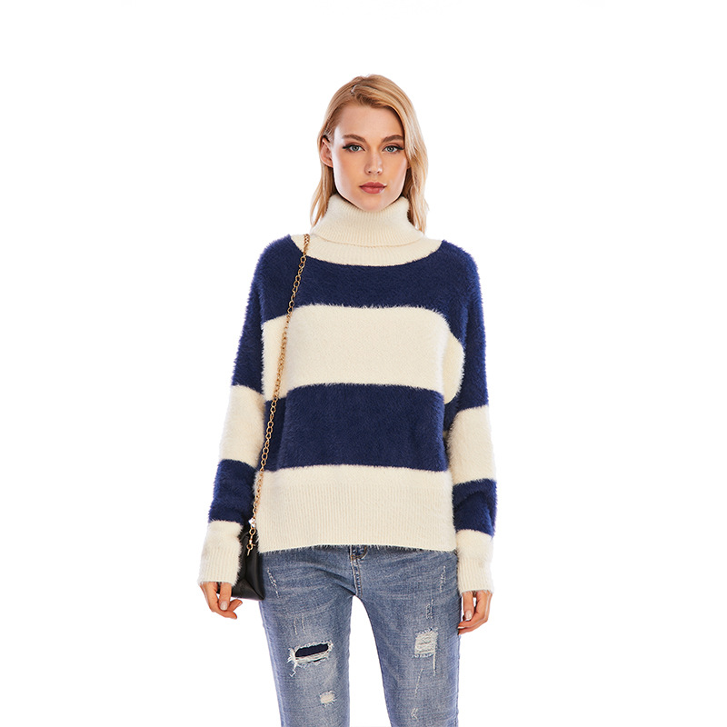 Factory Women Turtleneck Faux Mink Knit Sweater Autumn Boho Top Customizable Loose Long Sleeve Casual Wide Stripe Pullovers