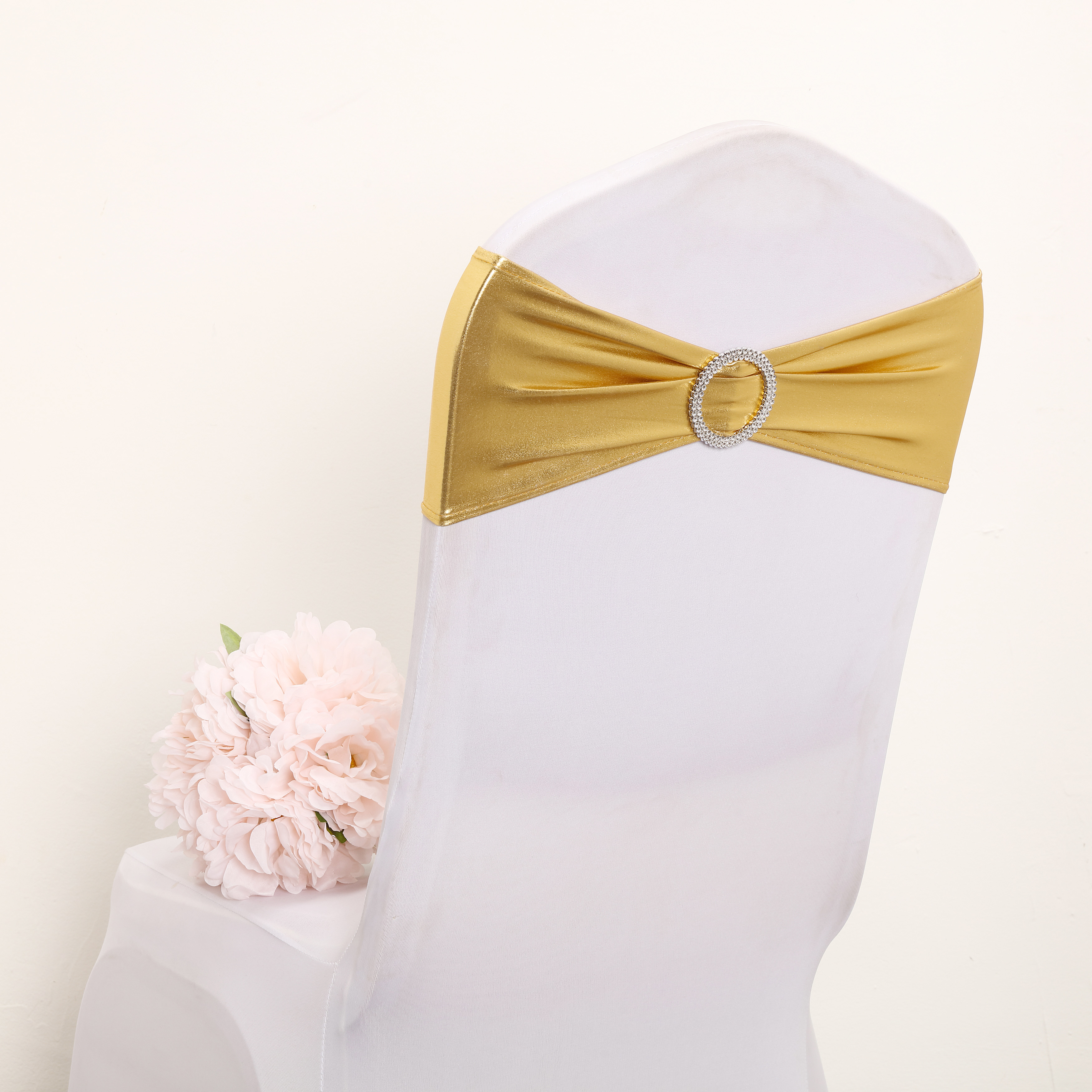 wholesale cheap gold metallic spandex chair sash with buckle for sale