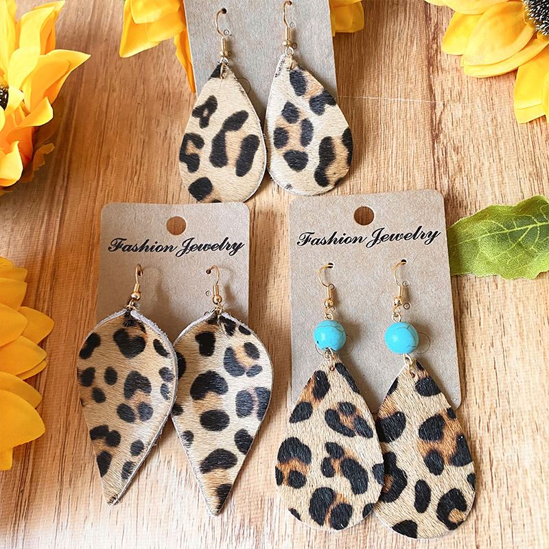 Genuine Leather Horsehair Turquoise Bohemian Pastoral Ethnic Style Leopard Print Hoop Earrings Earrings Jewelry Ins