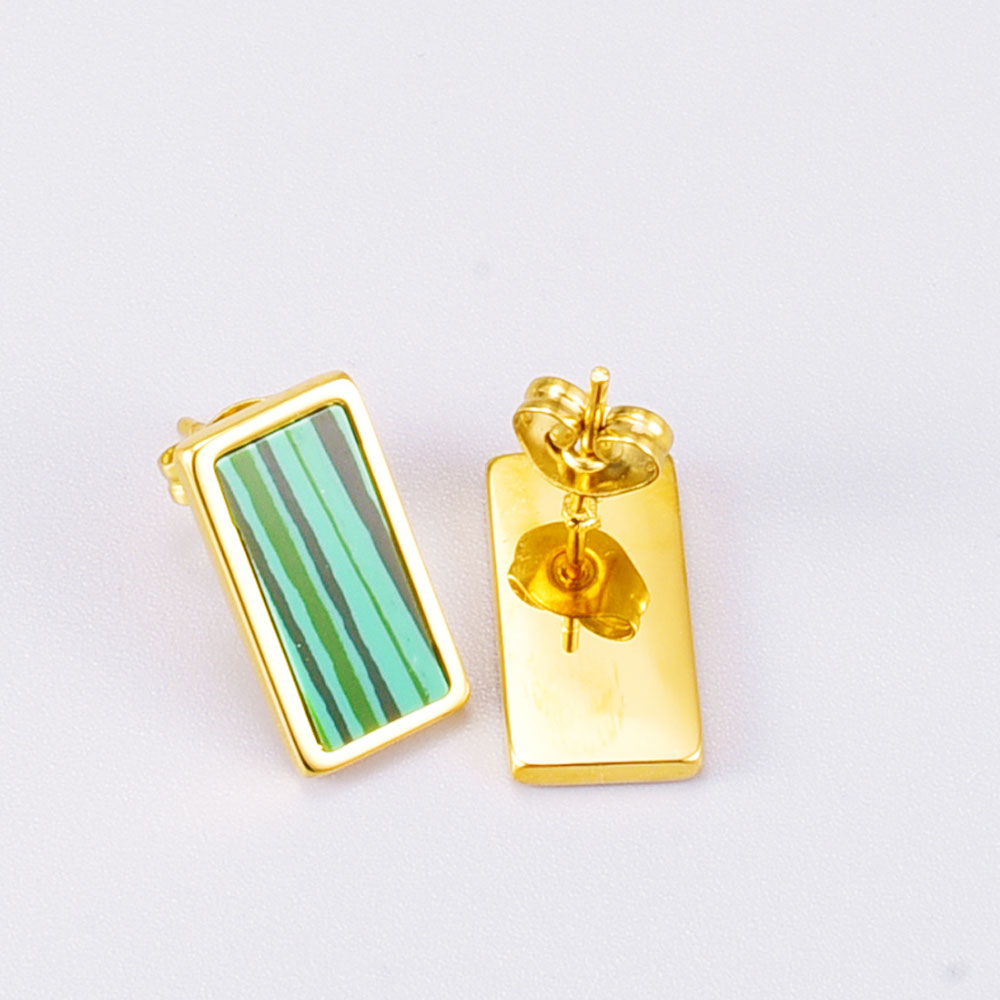 titanium steel rectangle geometric shape stud 18k gold plated malachite gem stone earring women earrings