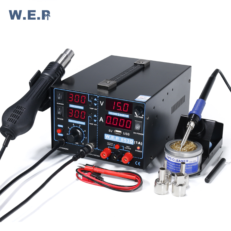 WEP 853D 1A USB 3 в 1, мощное другое настольное оборудование для сварки, пистолет горячего воздуха smd, паяльная станция для переделки горячим воздухом