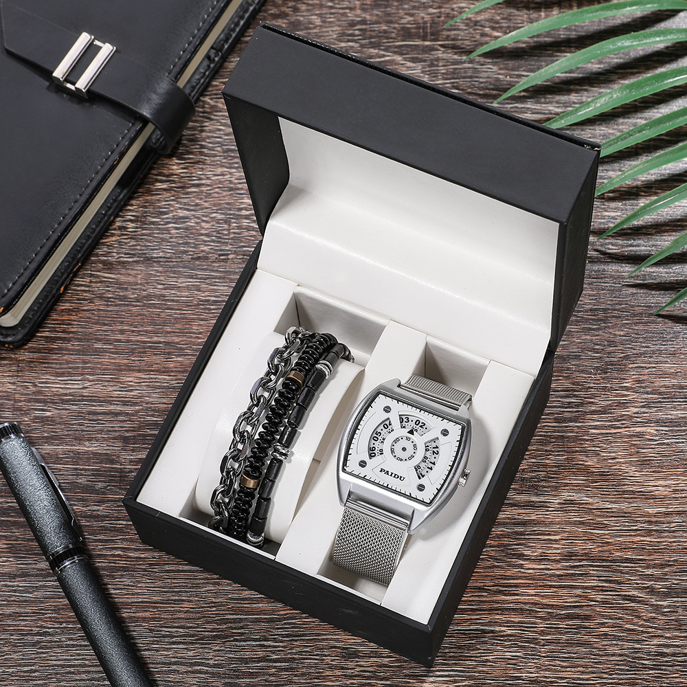 Square Quartz Watches Adjustable Bracelet 4 Pcs Set Fashion Mesh Watch Strap Men's Watches Set For Gift Box Packing