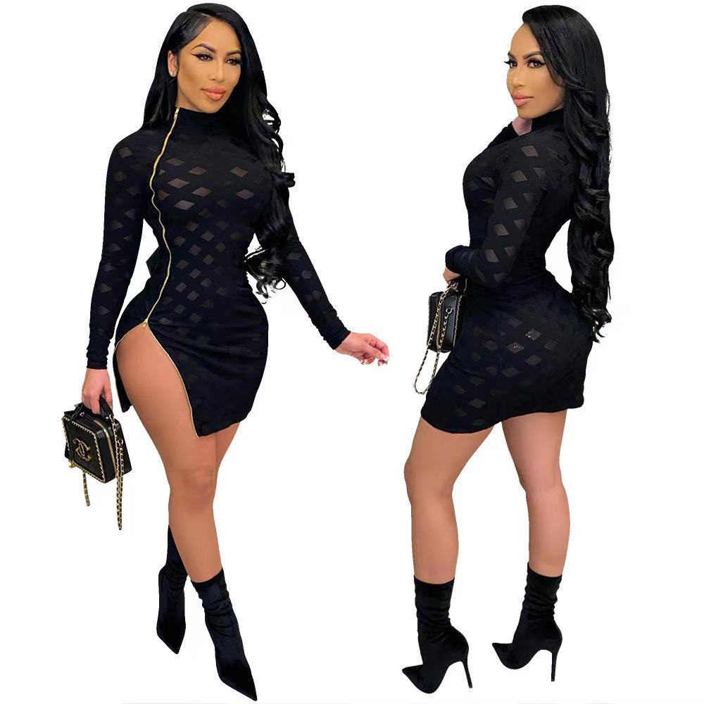 2021 new arrival sexy hollow out zipper pattern high neck split mini dress solid color asymmetrical style