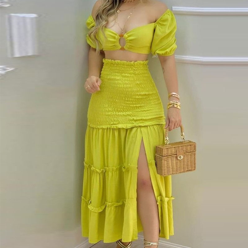 Custom Summer Solid Color Short Sleeves New Sweet Fashion Printed Long Skirt Suit For Women