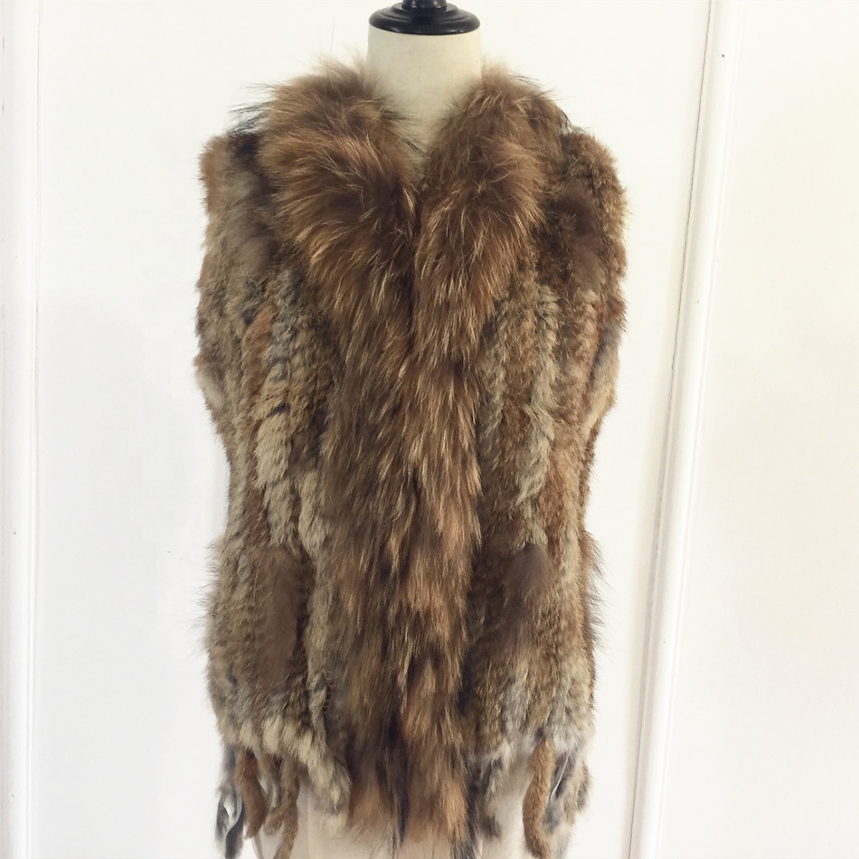 Women Fashion Fur Vests Real Rabbit Fur With Raccoon Fur Collar Gilet Winter Warm Waistcoat