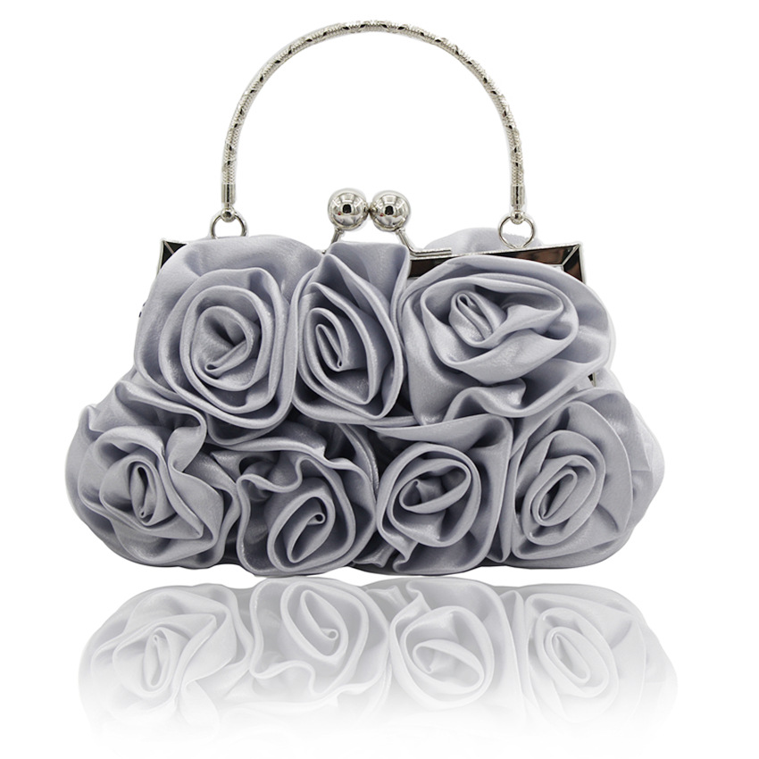 Women Silk-Like Satin Rose Shaped Clutch Handbag flower floral Evening Bag with Elegant Metal Handle for Party Wedding Purse