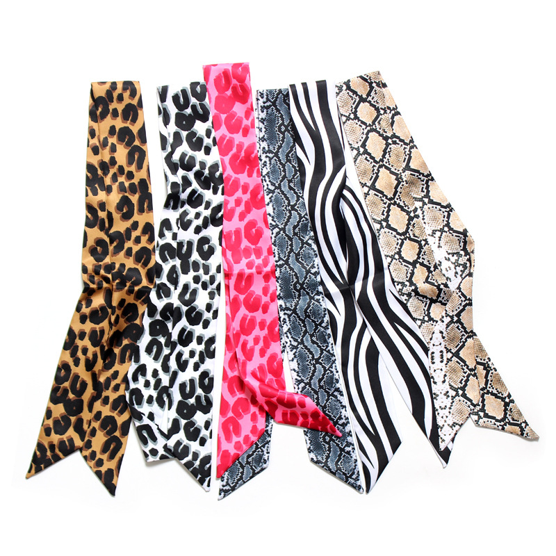 Leopard print snakeskin spotted double layer print twill tie bag handle imitated silk scarf slender narrow ribbon lady scarf