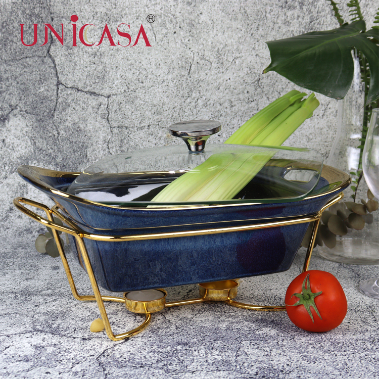 Elegant Blue Baking Food Casserole Dish Easy Grip Baking Casserole Pot With Golden Iron Stand