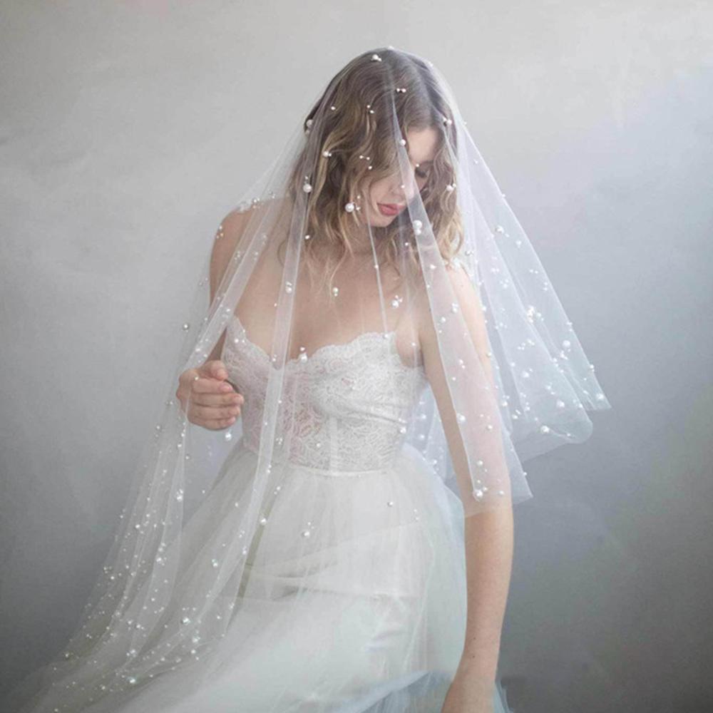 Beautiful Long Pearl Veil Two Layer 1.2M Bridal Veil Cathedral Ivory Wedding Veil with Pearls 2021 Bride Accessories