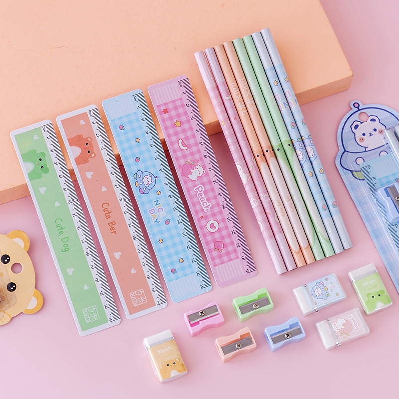4-piece pencil eraser sharpener ruler New children's day gift girl school supplies set gift box gift bag pupil pencil stationery