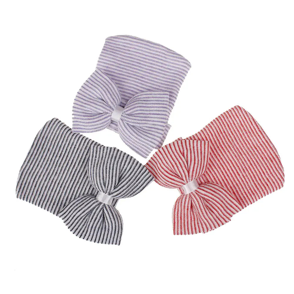 Striped Pattern Newborn Boy Girls Headwraps Baby Wool Beanies Soft Elastic Caps Cute Bowknot Turban Hats