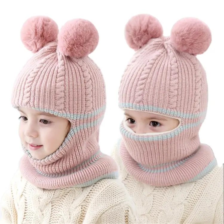 New StylePom Pom Kids Winter Beanie Hat With Mask Set Custom Kids Beanies With Pom Pom Kids Beanie And Scarf Set