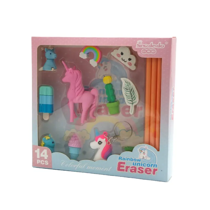 Soododo 3D  Animal Shaped  Rubber Eraser  Back to School  Unicorn Stationery Set  for girls