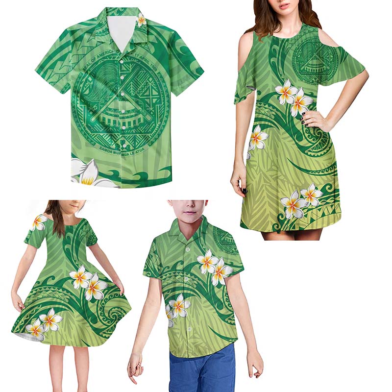 Light Green Polynesian Print 4pcs Family Matching Clothing Set 4-14year Old Little Girl Dress Boy T Shirt Family Clothing Dress