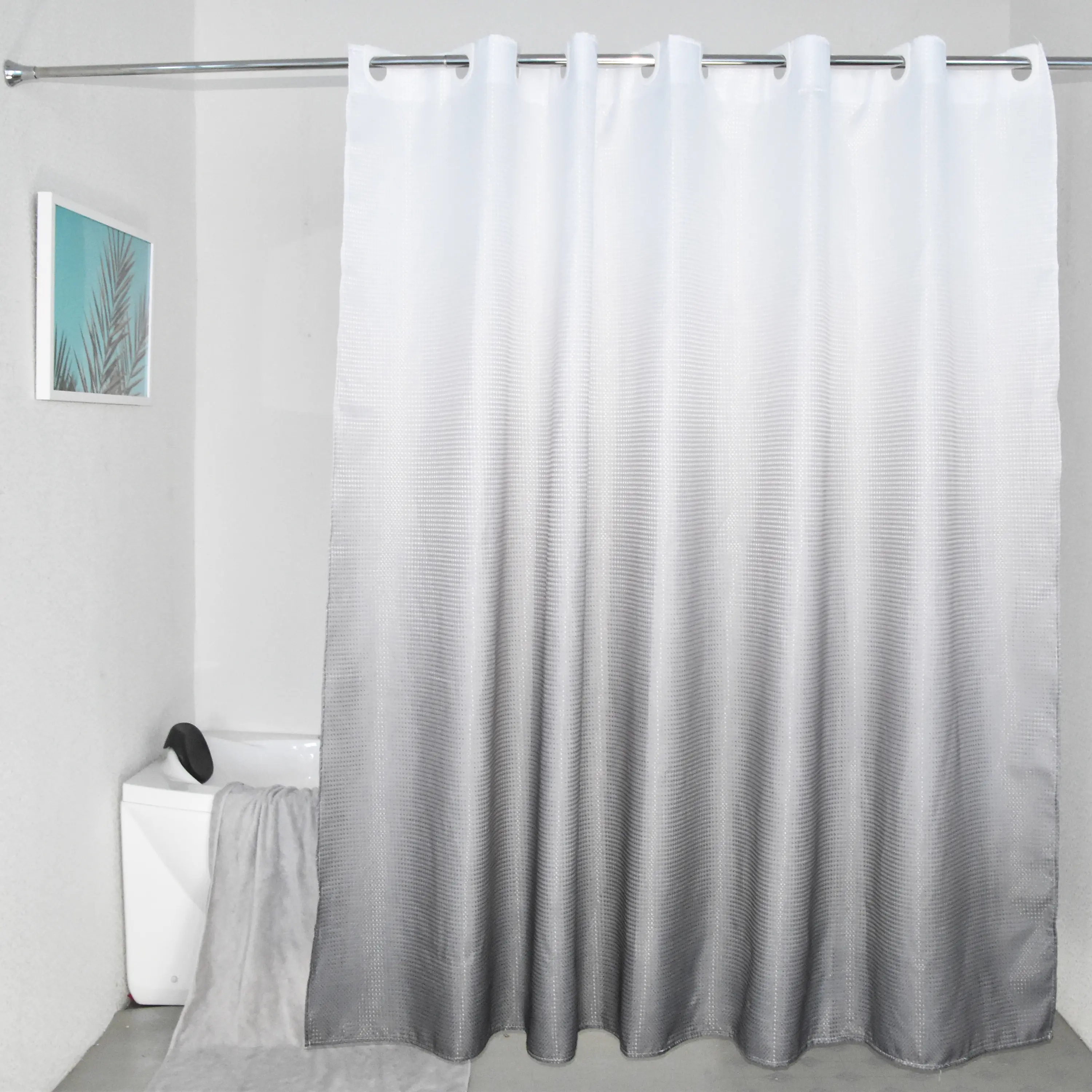 Grey Color Changing Dobby Waffle Weave Waterproof Fabric Hookless Shower Curtain