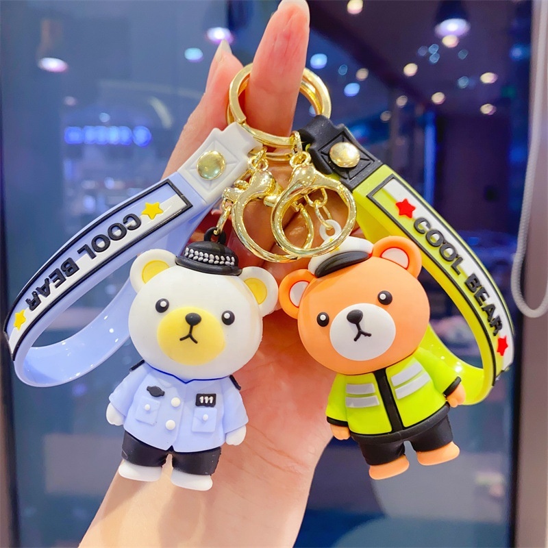 Cartoon cool police bear uniform couple accessories backpack personality car key chain gift