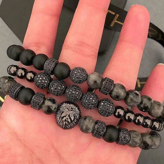 Высокое качество Горячая продажа CZ Mirco Pave Ball Лев Шарм бусины эластичный браслет набор