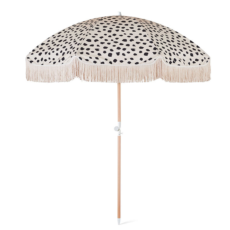 Eno high quality 2m wood pole umbrella retail outdoor sun beach umbrella white 200g cotton fabric with tassels umbrella