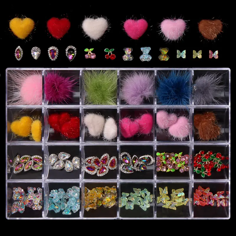New 24 Grid Boxed Alloy Peach Heart Plush Butterfly Mixed DIY Nail Fingertip Decorative Jewelry Set