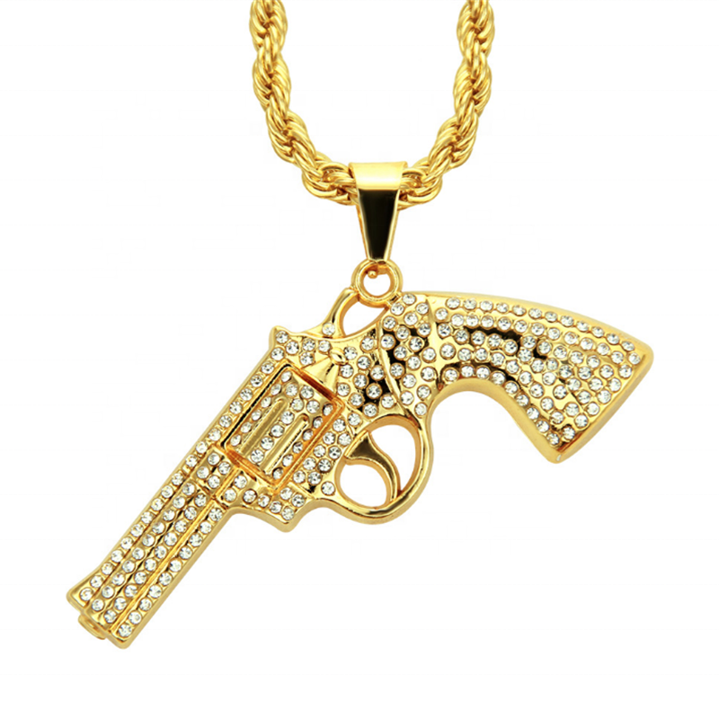 Hip hop twist chain with alloy and diamond pistol pendant necklace