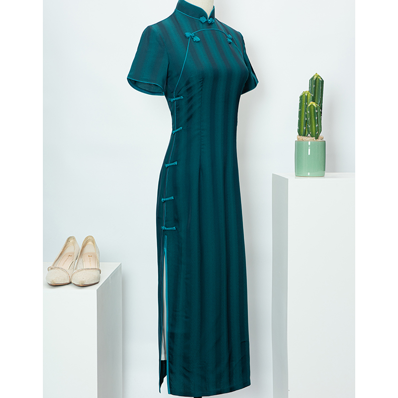 Blue Jacquard Satin Sexy Cheongsam Costume Style Skirt Traditional Qipao