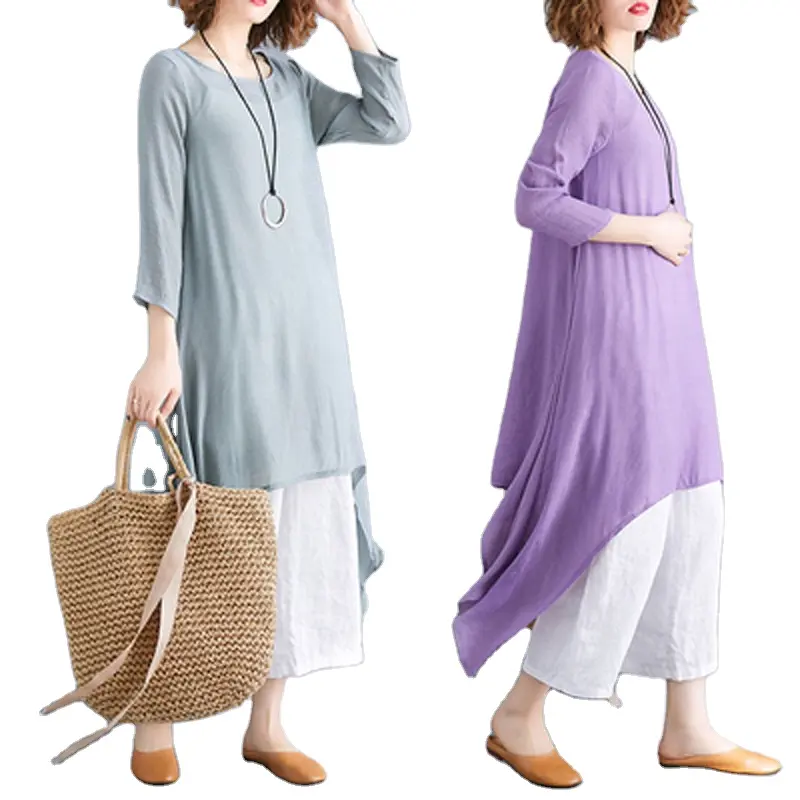 2021foreign trade spring and summer new solid color large swing linen ladies dress loose long-sleeved cotton skirt DA3029