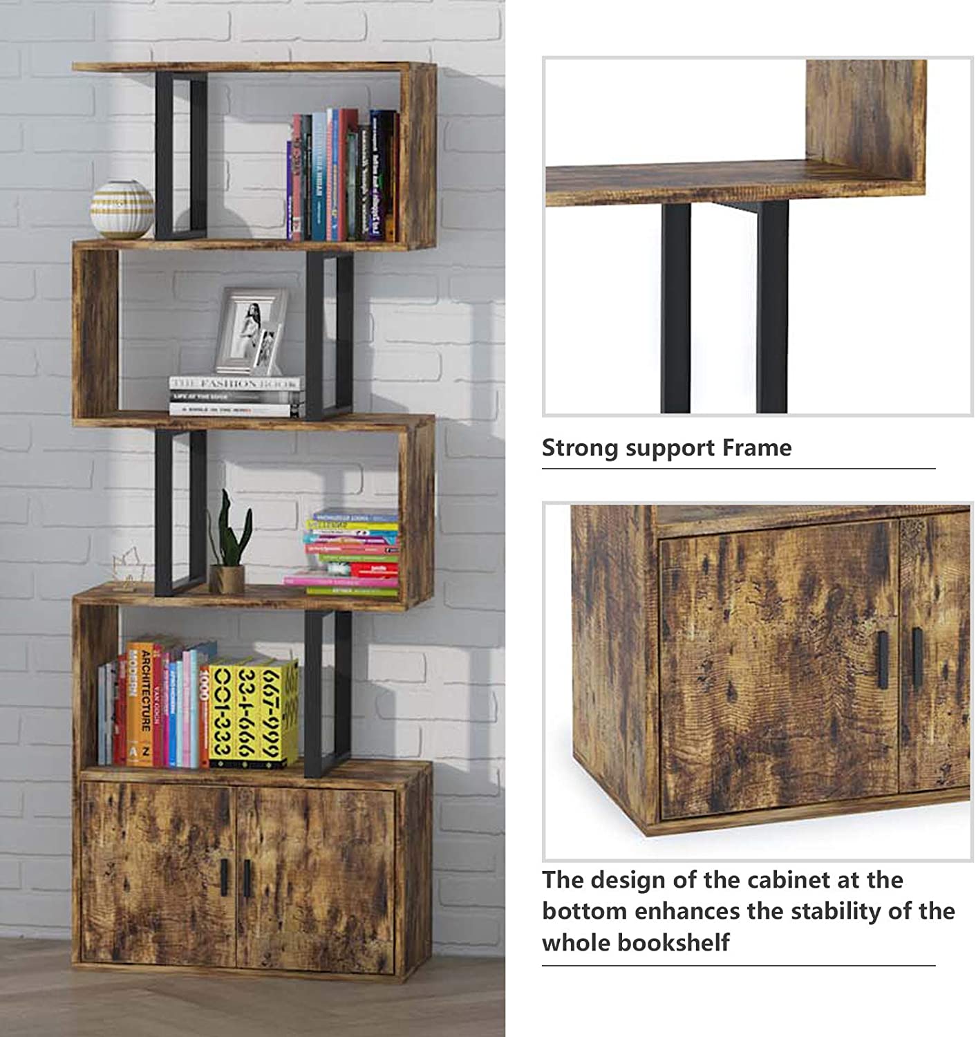 modern 5 shelves bookcase, cabinets, bookshelves , S-shaped Z-Shelf style , suitable for room office family